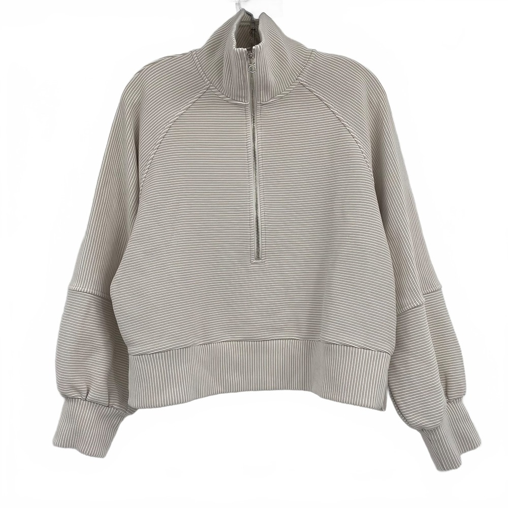 Varley Beige White Striped Milano Half Zip Sweatshirt | Womens M